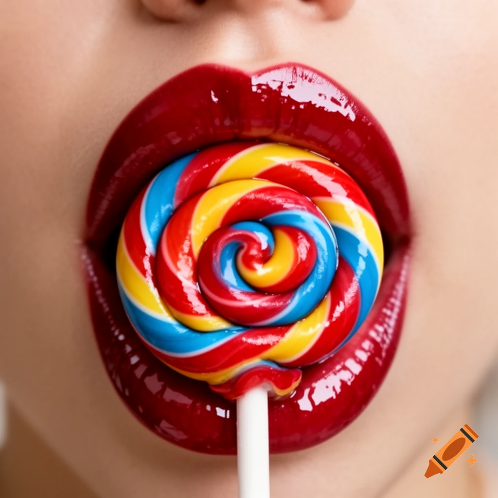 A close-up of a person's mouth with glossy red lipstick holding a vibrant rainbow swirl lollipop.