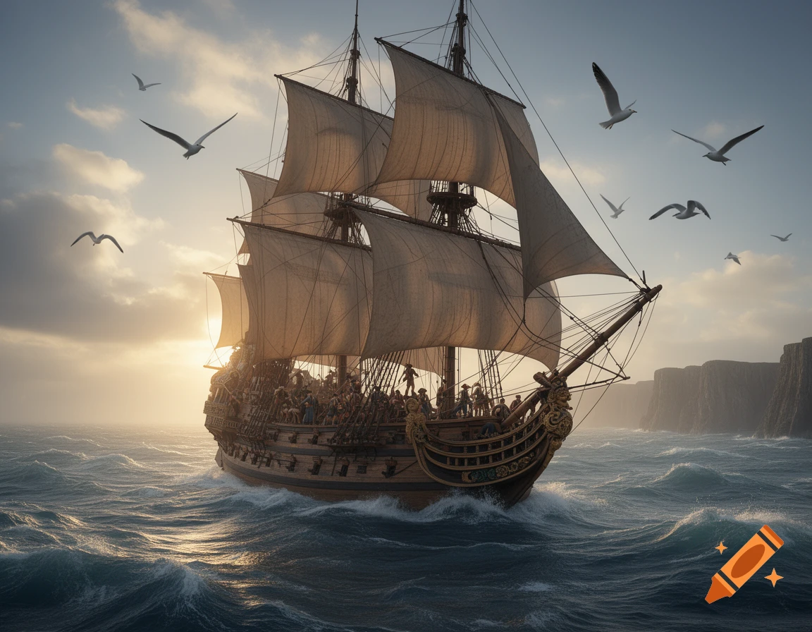 An 18th-century sailing ship with full sails and many people on deck, rides rough ocean waves at sunset near cliffs with seagulls flying overhead.