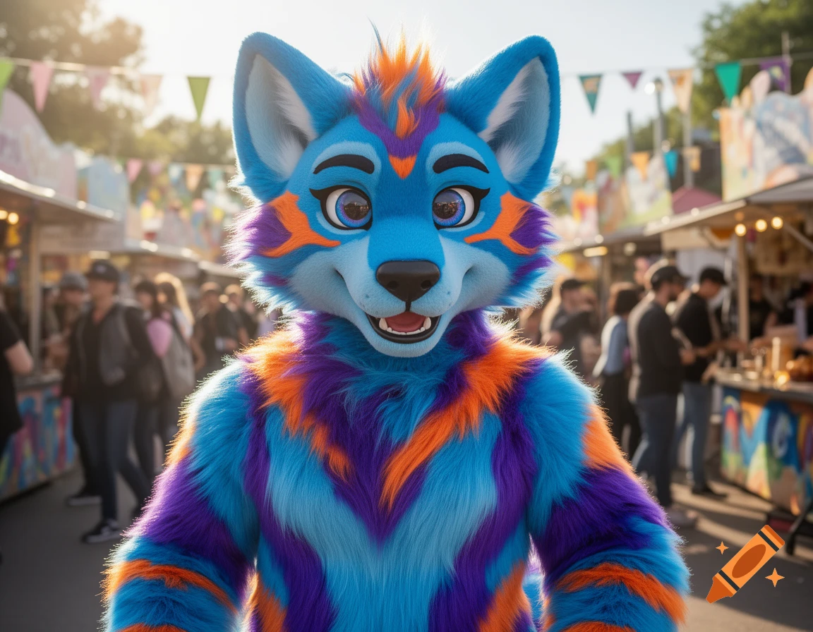 A person in a vibrant blue, purple, and orange fursuit smiles at an outdoor market with stalls and people in the background.