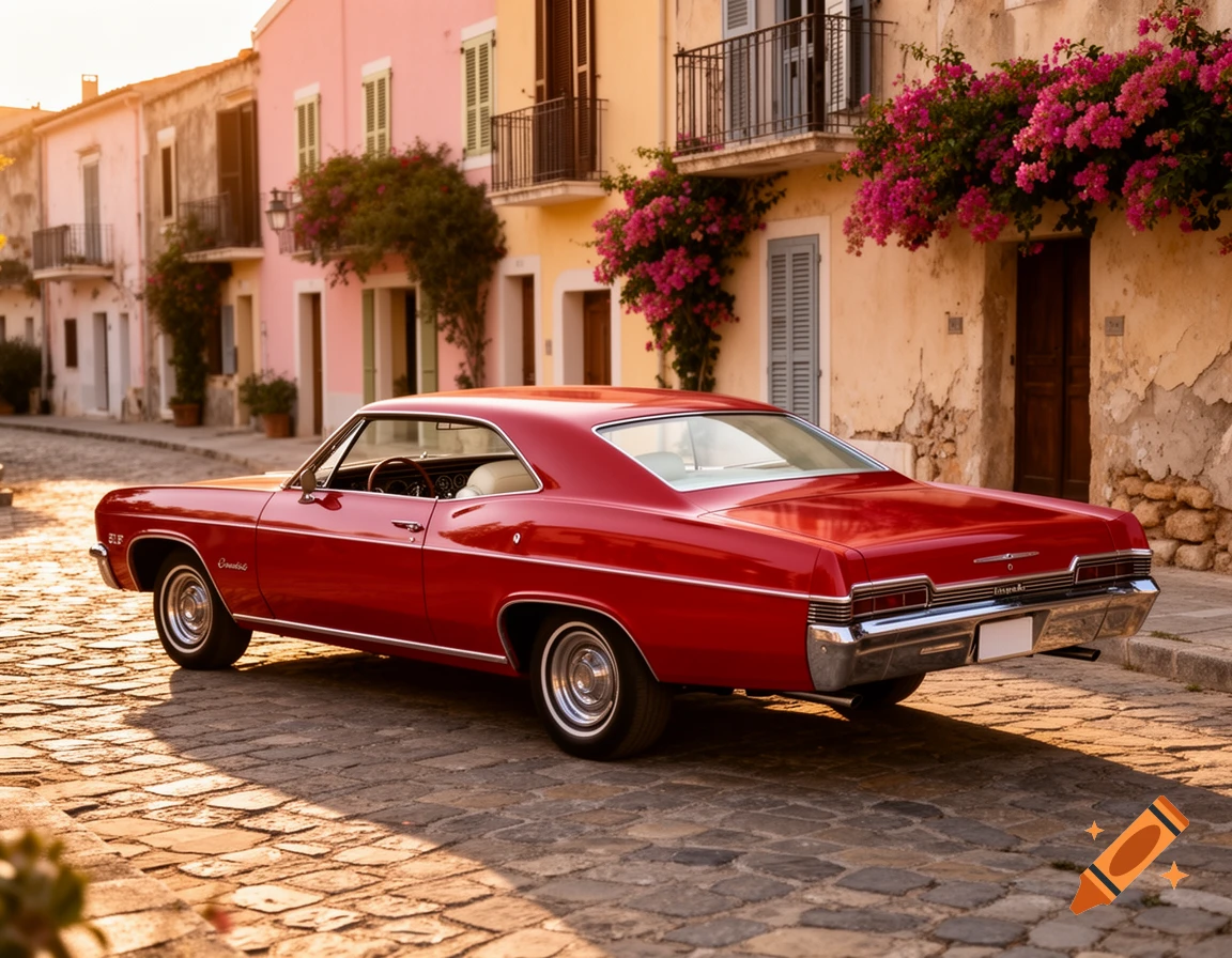 A shiny red classic car parked on a cobblestone street in front of colorful Mediterranean buildings adorned with pink bougainvillea.