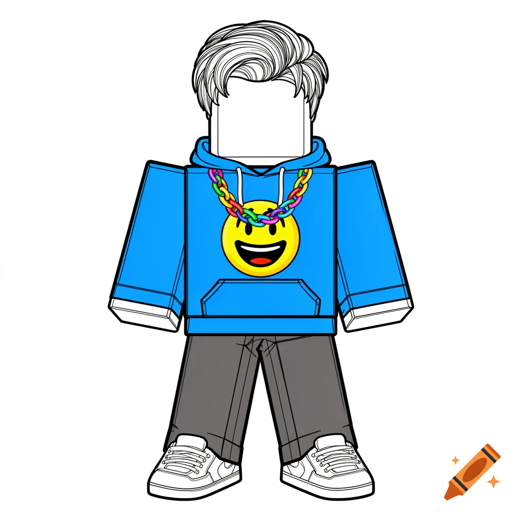A cartoon Roblox avatar with short hair, blue hoodie, rainbow chain, gray pants, and white sneakers on a white background.