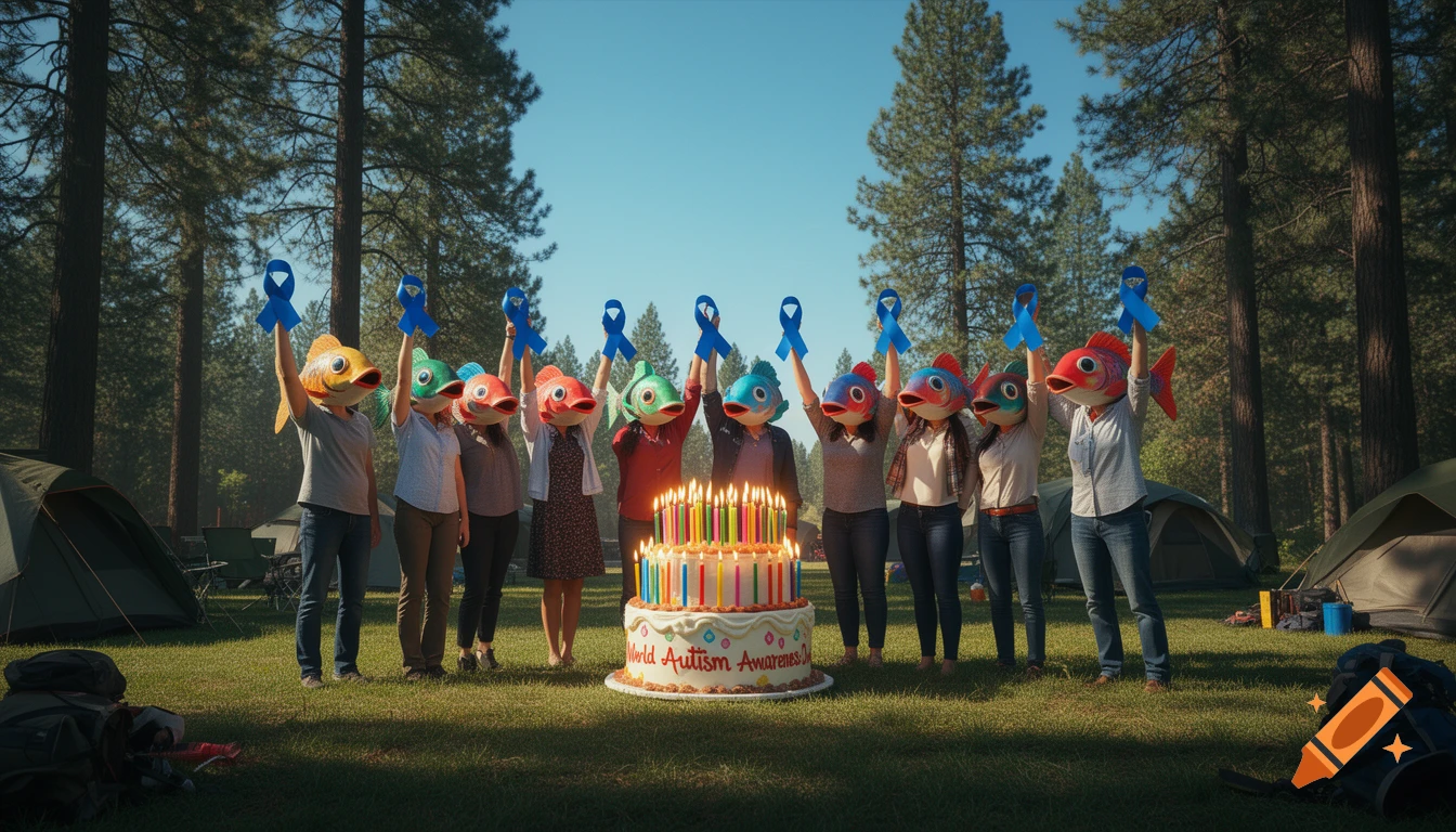 People in fish masks raise blue ribbons around a large birthday cake with lit candles in a forest campground.