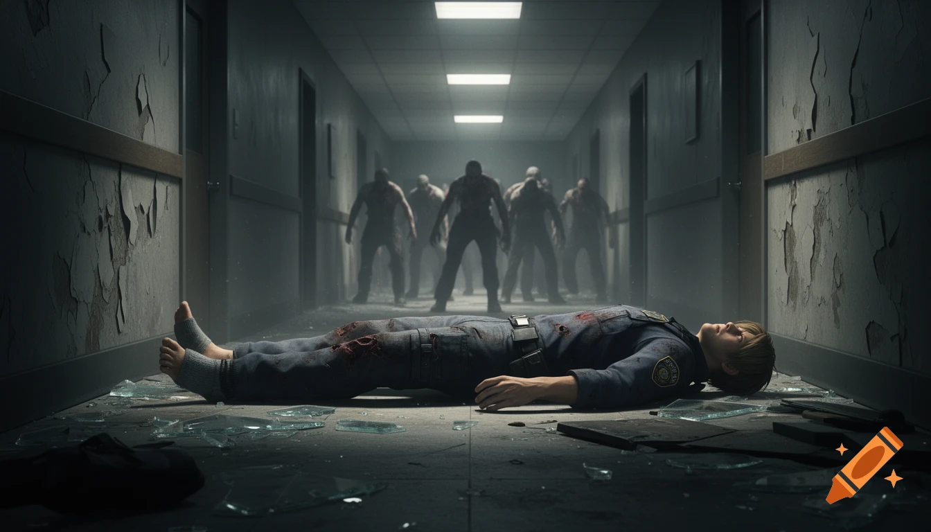 Leon Kennedy, a man in a police uniform, lies injured on a gritty hallway floor with broken glass, as zombies approach.