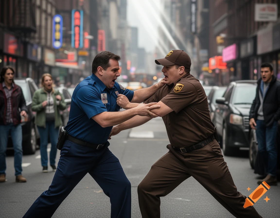 Two men, one in a blue uniform and another in a brown UPS uniform, intensely push against each other in the middle of a busy city street, with surprised onlookers in the background.