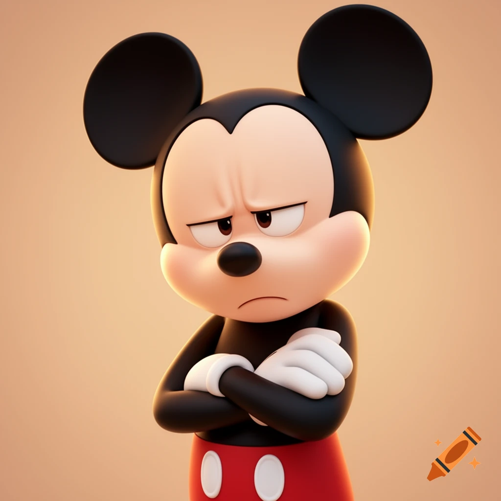 A 3D render of Mickey Mouse looking grumpy with his arms crossed and head down.