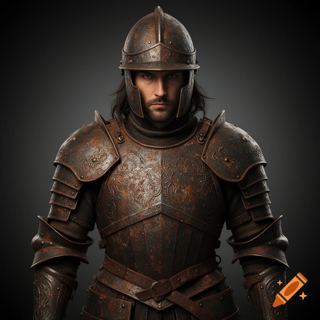 A stern warrior in detailed, rusty heavy armor with a helmet looking directly forward on a dark background.