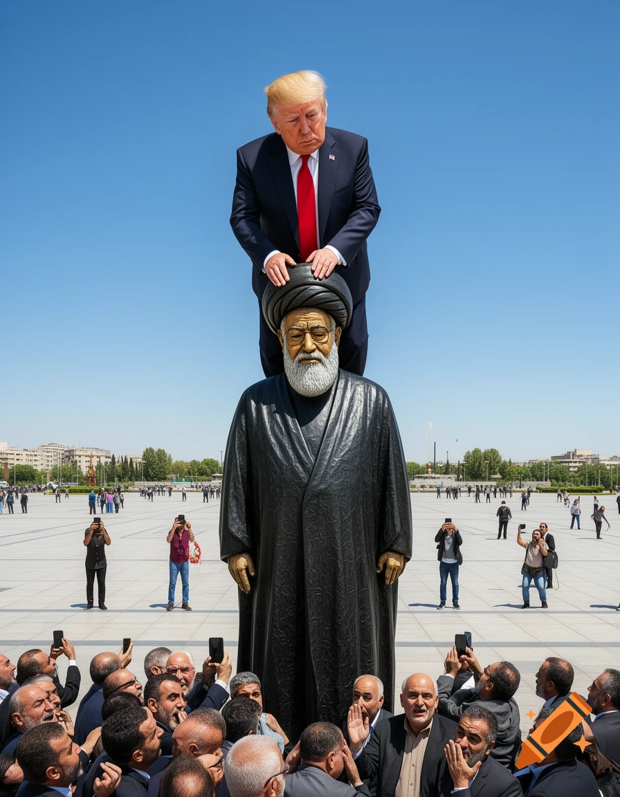 Donald Trump stands on the head of a large statue of a bearded man in a black robe, surrounded by a crowd in a sunny public square.