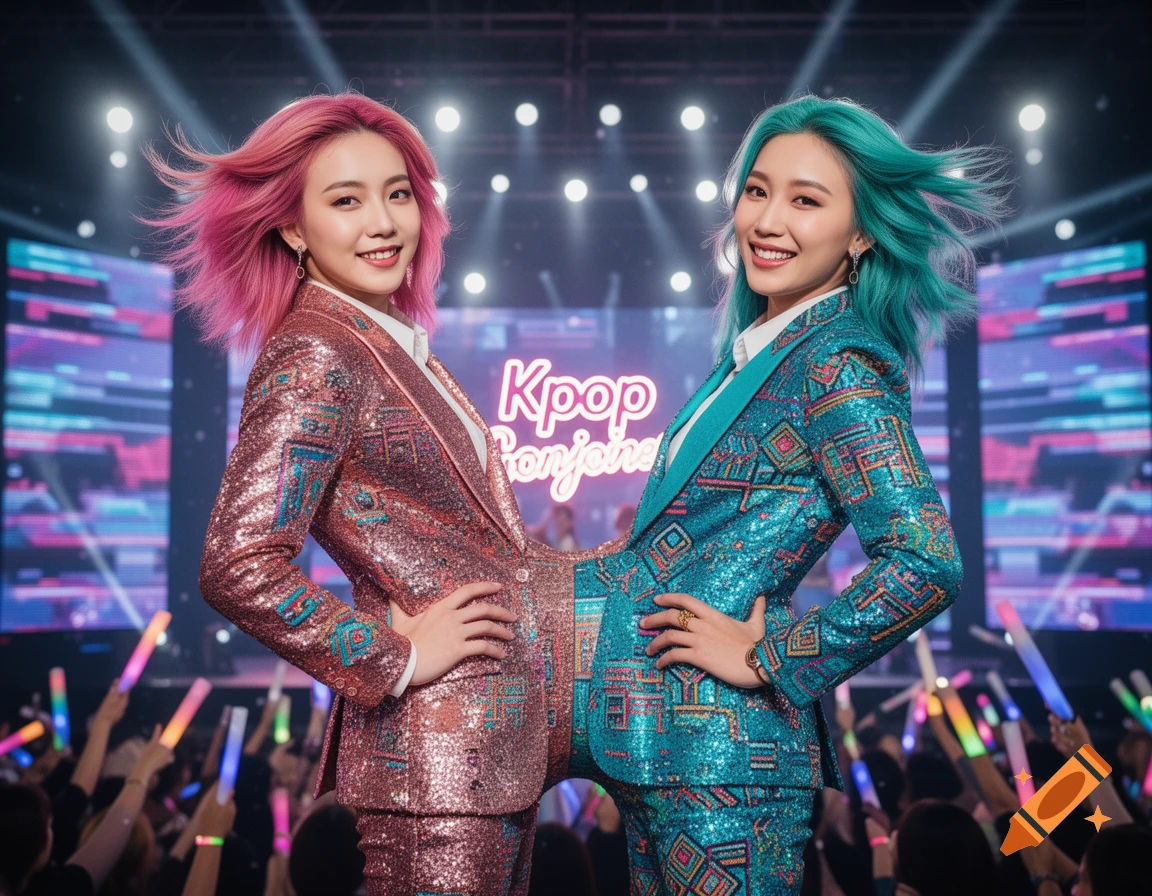 Two conjoined Asian women with pink and turquoise hair in sparkly suits perform on a brightly lit stage with a cheering crowd.