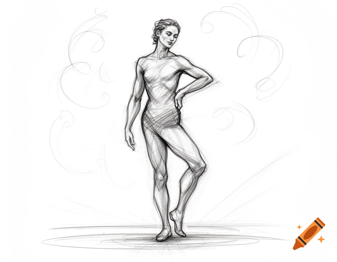 Pencil sketch of a standing figure in a dynamic pose.