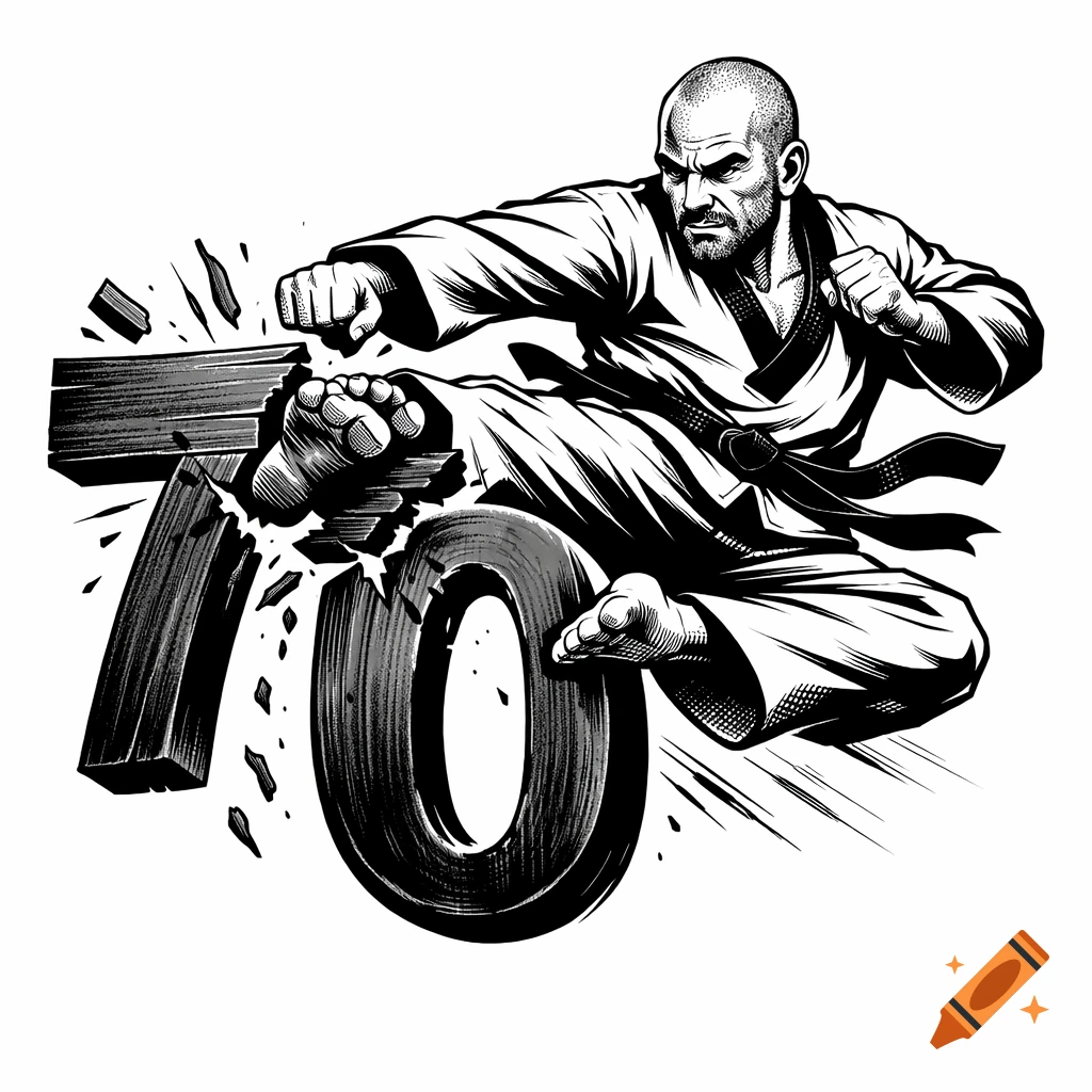 A bald, bearded martial artist in a gi and black belt delivers a powerful side kick, breaking large, stylized black numbers "70" into pieces. Black and white illustration style.