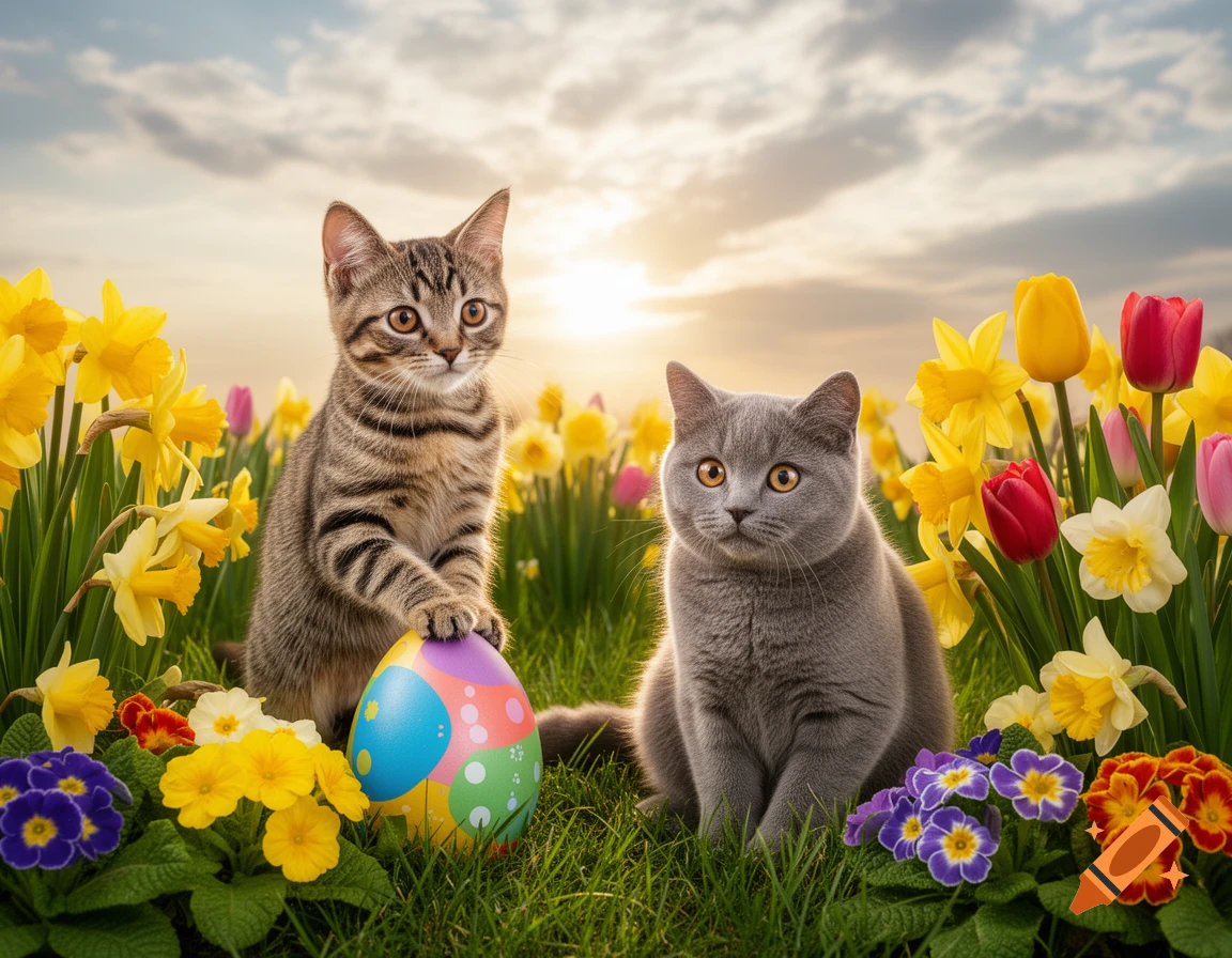 Two cats, one tabby with an Easter egg, the other grey, sit in a field of colorful spring flowers under a sunrise.