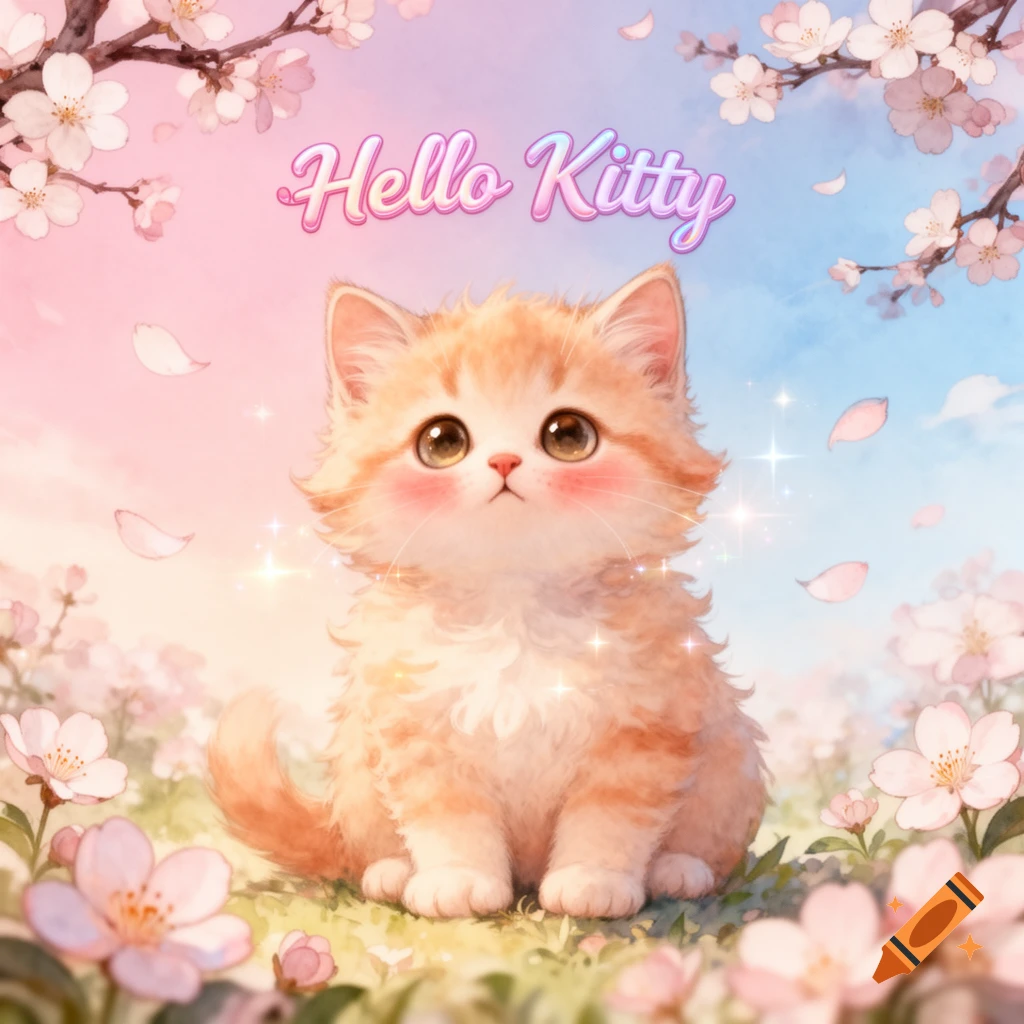 Fluffy orange kitten with big eyes sitting among pink cherry blossoms under a pastel sky, with 'Hello Kitty' text.