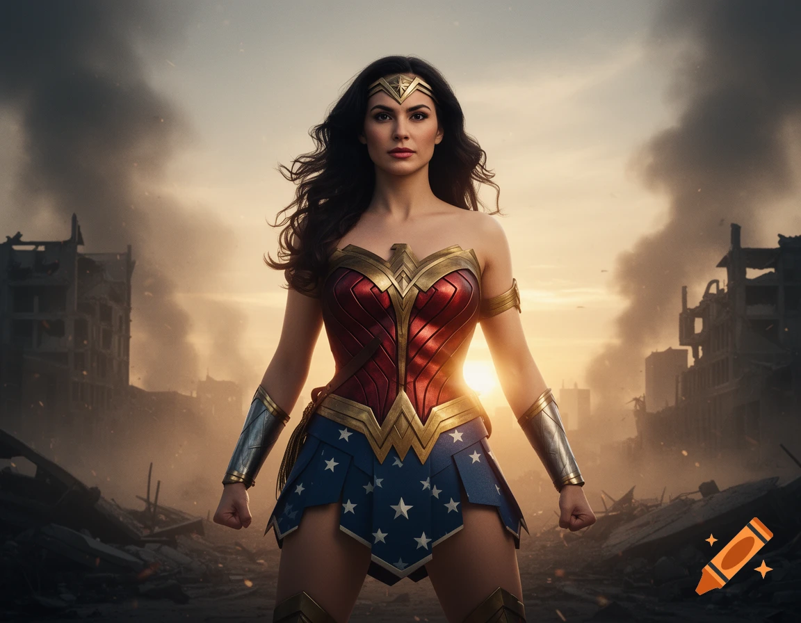 Wonder Woman stands heroically in her classic red, blue, and gold costume amidst the smoky ruins of a destroyed city at sunset, in a cinematic style.