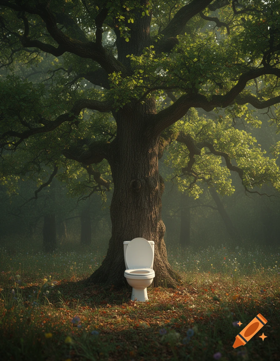 A white toilet rests at the base of a large tree in a misty, sunlit forest, photorealistic.