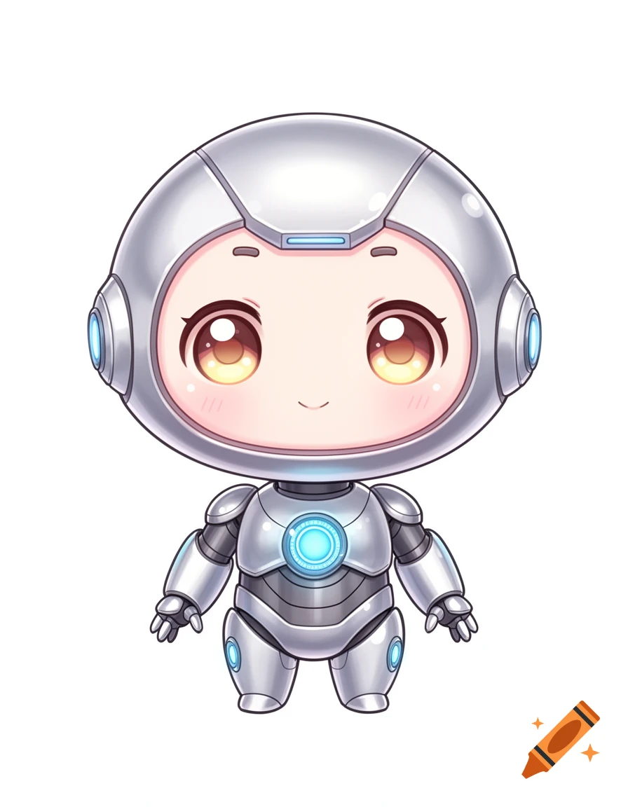 A cute, silver metallic chibi robot with a round face, big glowing yellow eyes, and a blue glowing chest reactor, digital art.