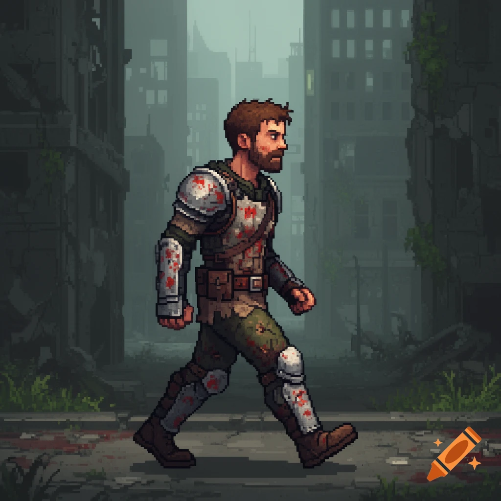 Pixel art of a male zombie apocalypse survivor in bloody armor walking through a ruined city street.
