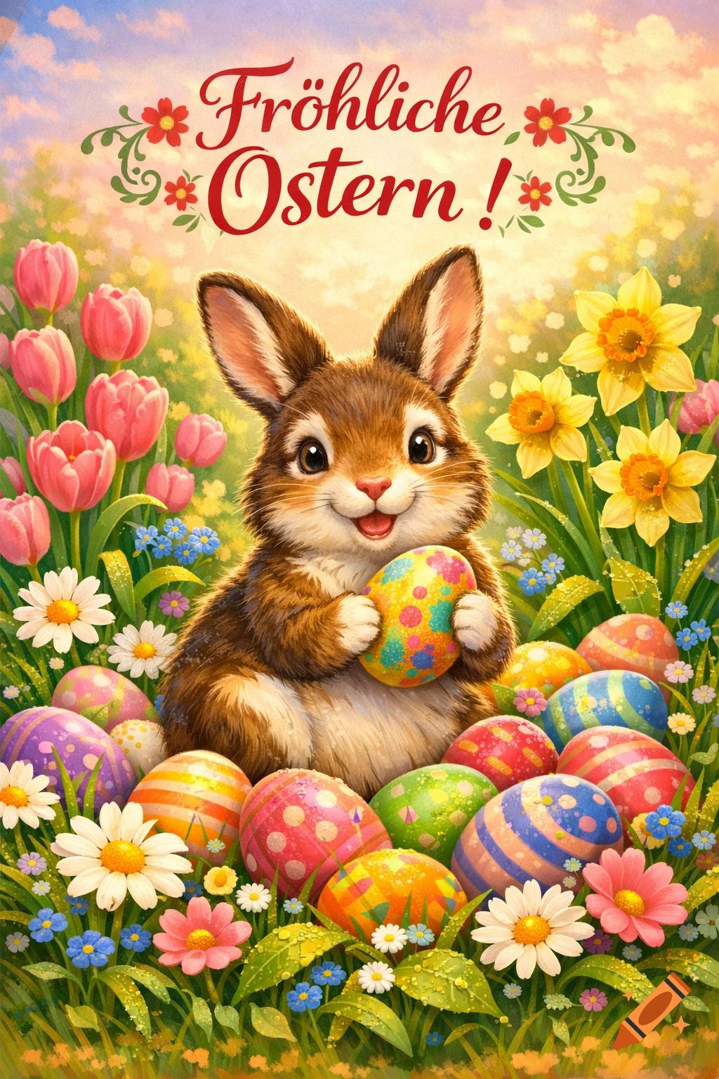 A smiling Easter bunny holds a colorful egg among many decorated eggs and spring flowers, with 'Fröhliche Ostern!' at the top.
