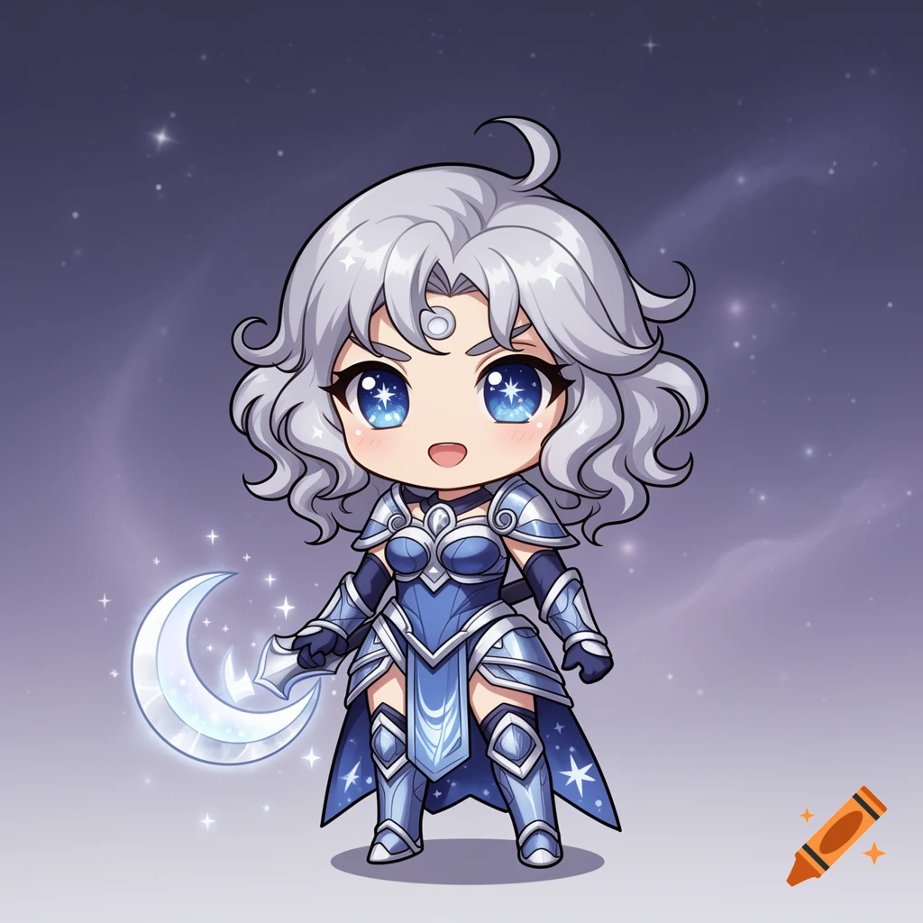 A chibi character with white hair and blue eyes, wearing blue and silver armor, holding a glowing crescent moon weapon, against a starry, purple cosmic background.