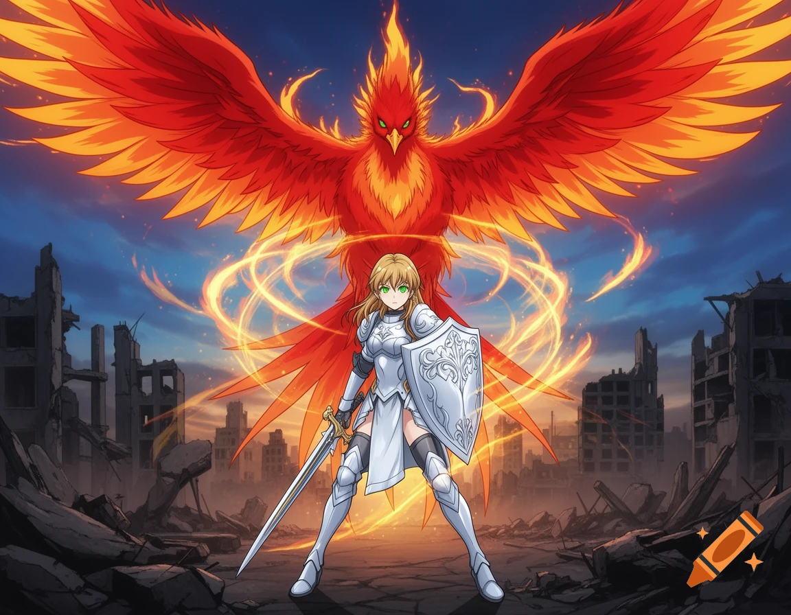 Anime female warrior in light armor with a sword and shield summons a ...