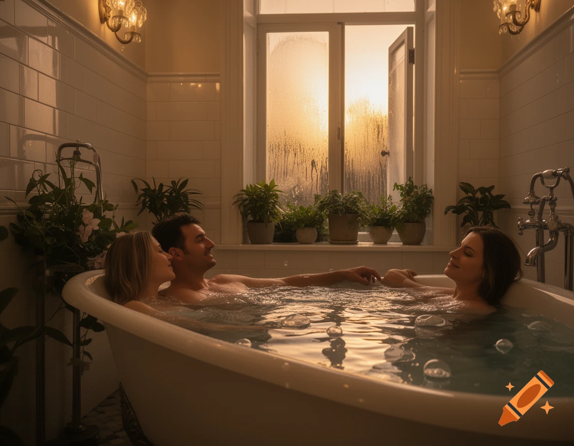 Man and two women relaxing in a bathtub in a cozy tiled bathroom with plants and a window.