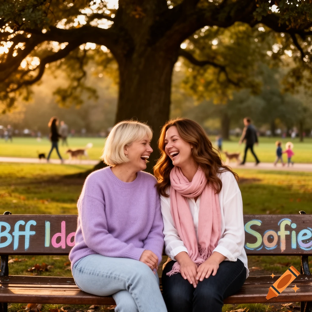 Two women, Bff Ida and Sofie, laugh together on a park bench, bathed in golden sunset light under a large tree.