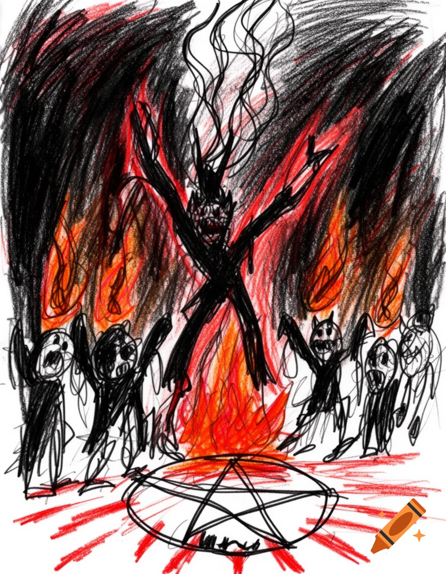 Crayon drawing of a satanic ritual with figures sacrificing to a dark entity over fire and a pentagram.