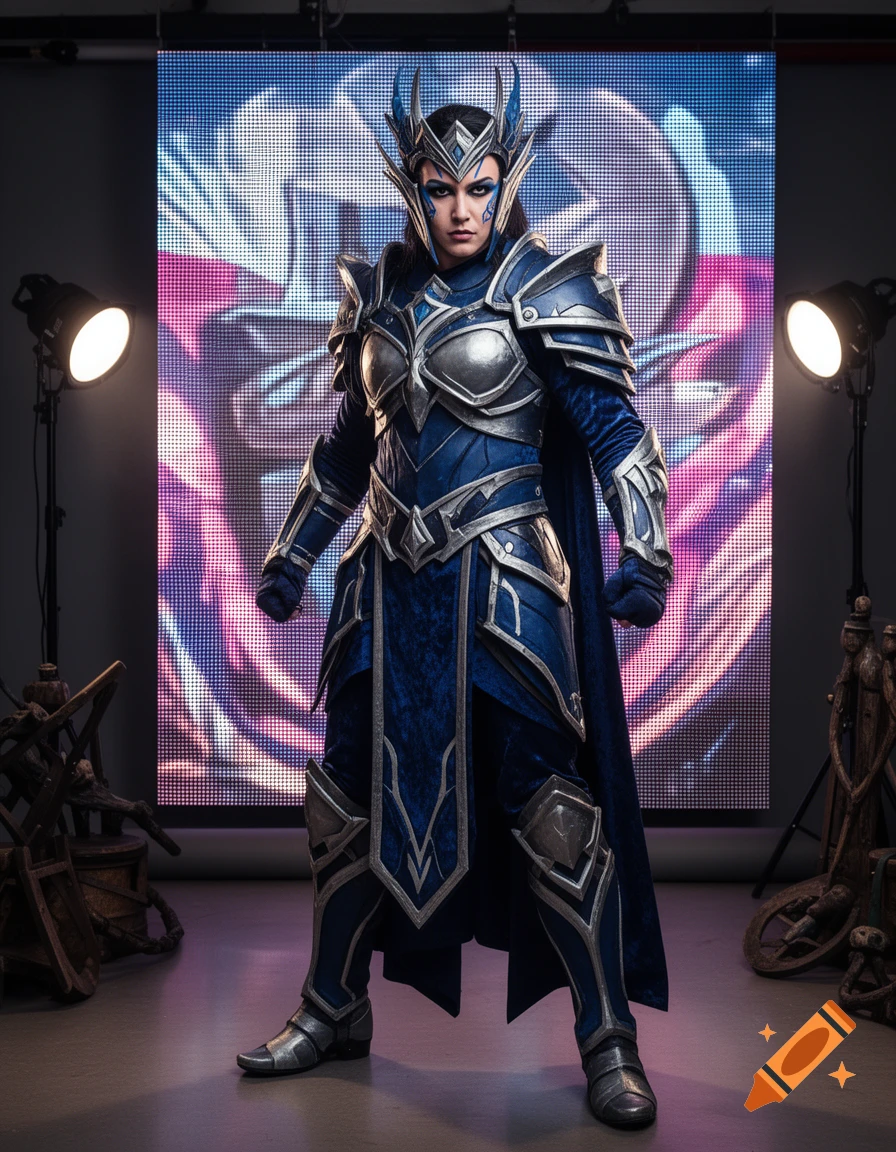 A person in elaborate blue and silver fantasy armor and a horned helmet stands confidently in a studio against a colorful LED screen.