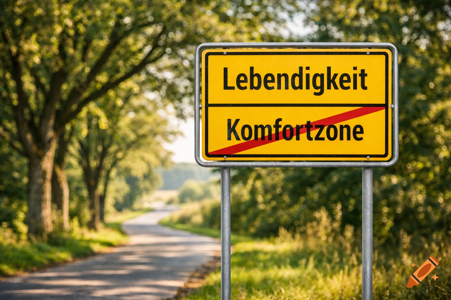 A photorealistic image of a yellow road sign on a tree-lined road, with "Lebendigkeit" and a red strikethrough on "Komfortzone".