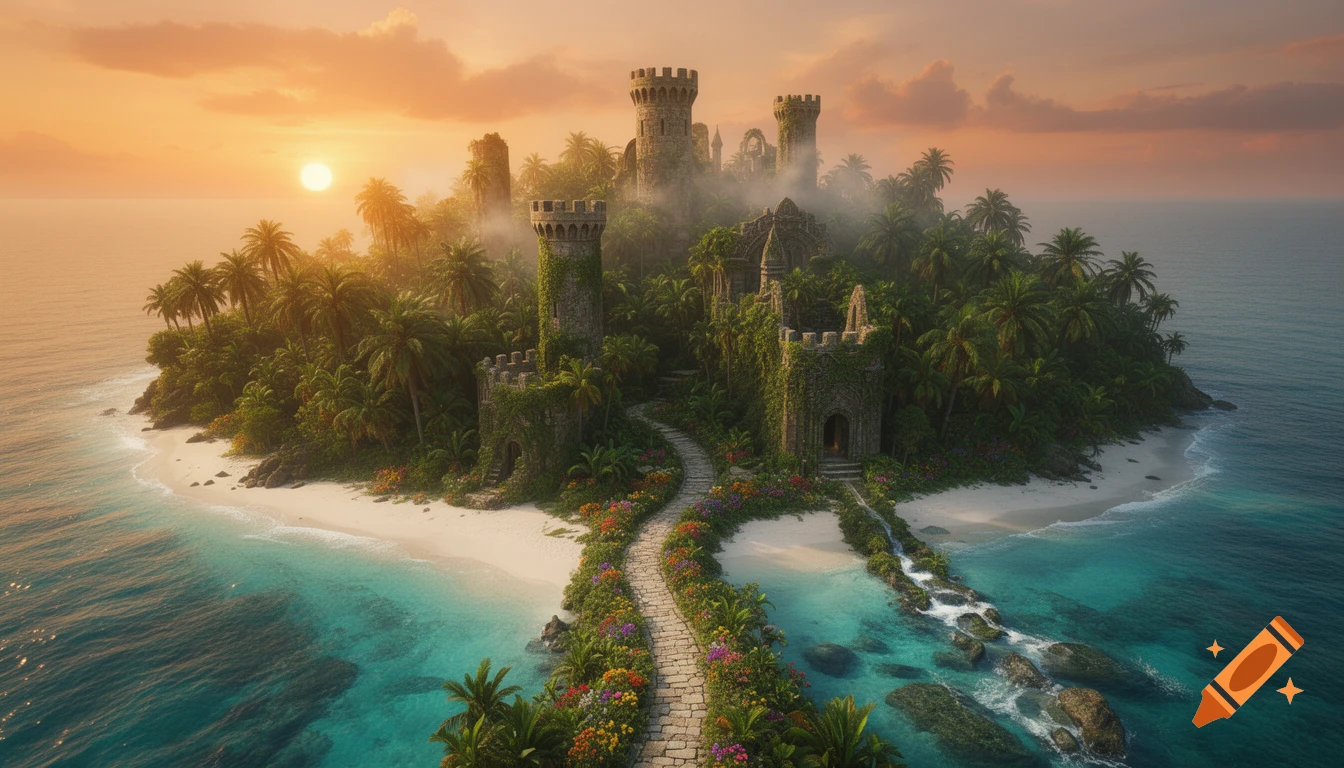 A medieval castle on a lush tropical island at sunset, with a path of colorful flowers leading to it from the white sand beach.