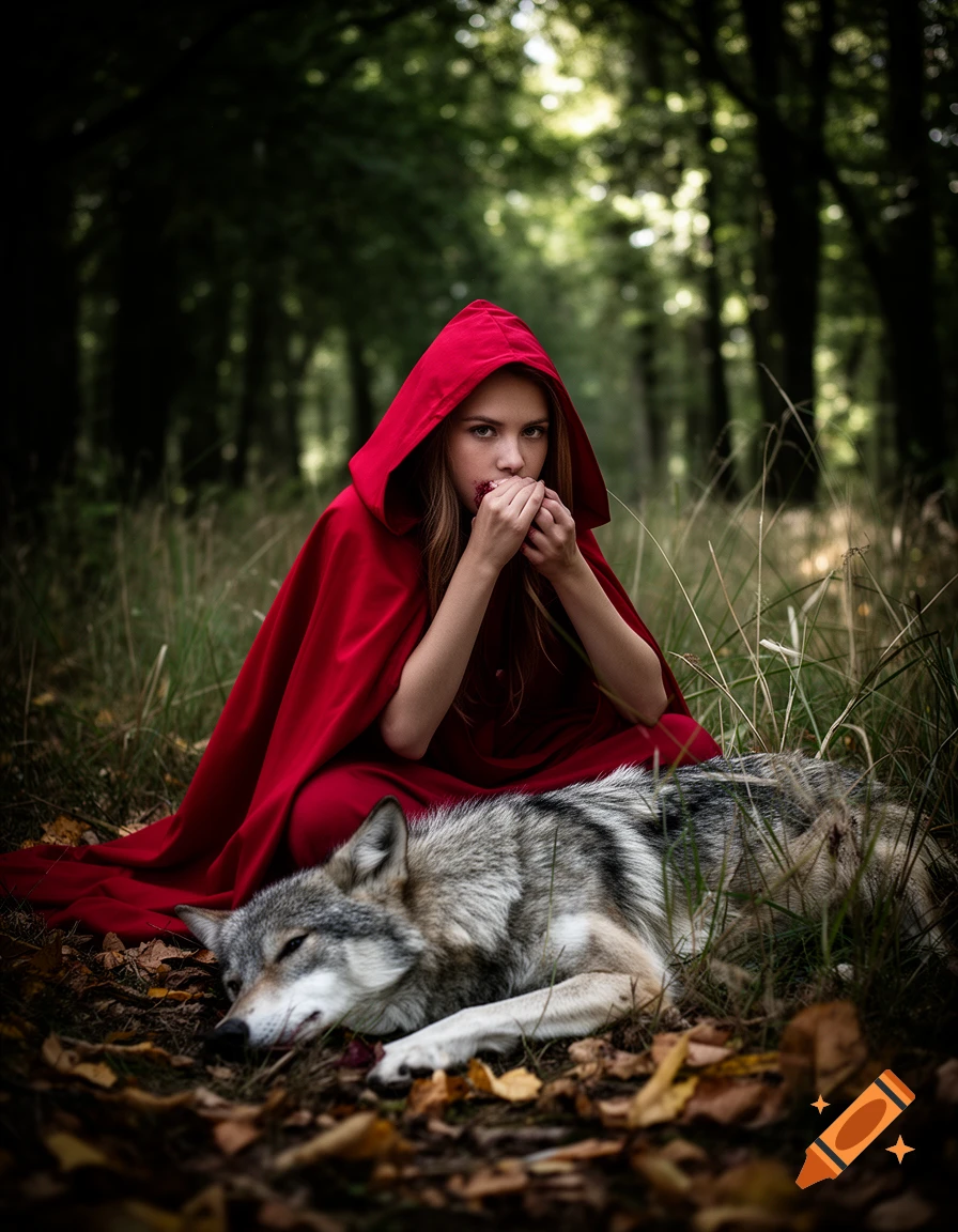 A girl in a red hood crouches in a dark forest with red stains on her face and hands, looking at a dead wolf lying in front of her.