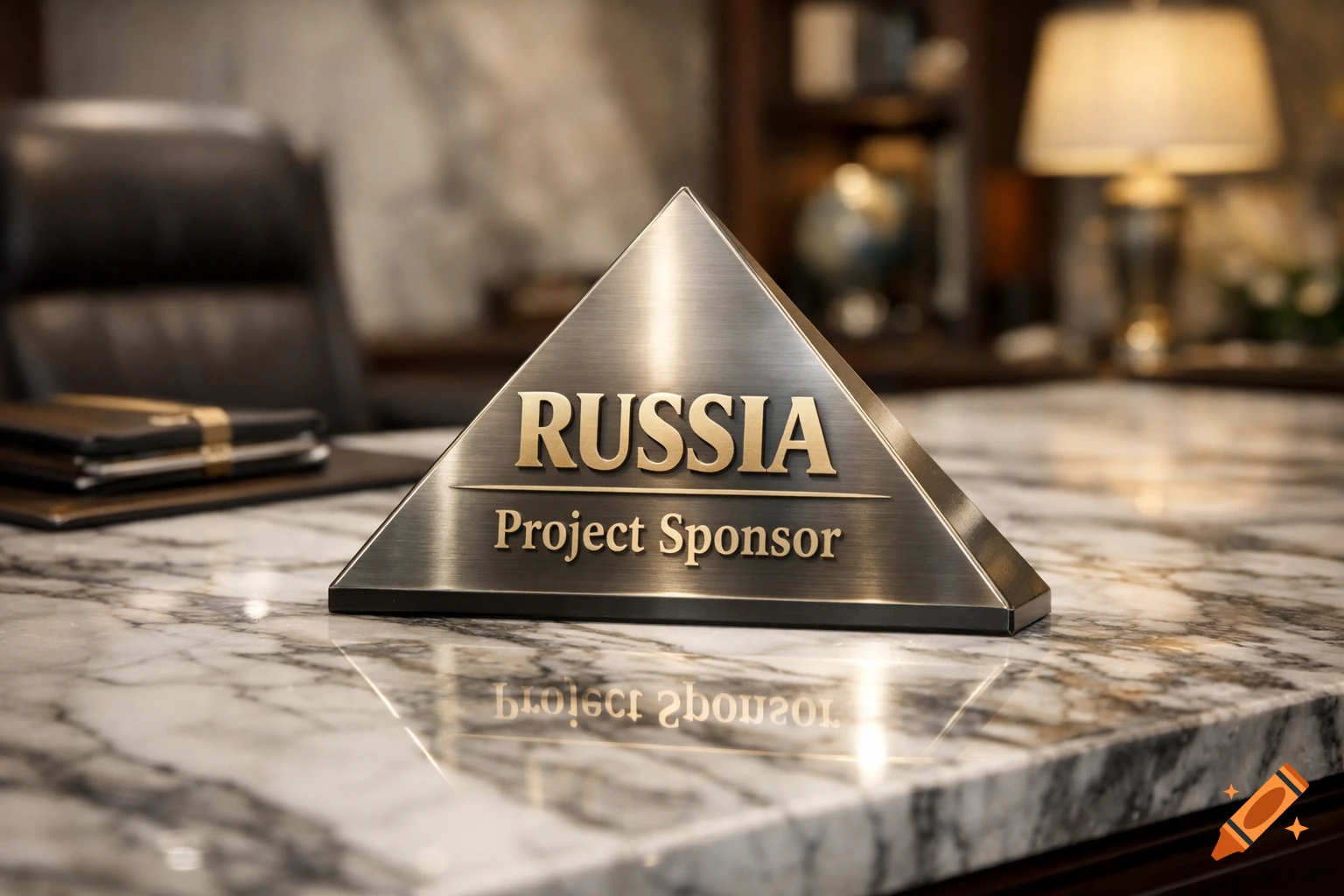 A metallic triangular plaque with 'RUSSIA Project Sponsor' engraved on it, sitting on a luxurious marble desk.