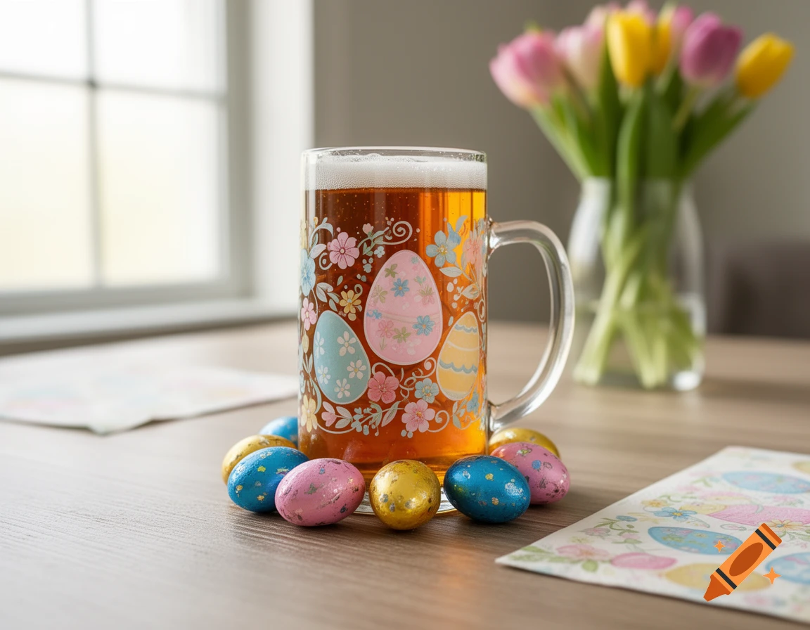 A glass of beer with Easter egg designs, surrounded by colorful Easter eggs and a vase of tulips on a wooden table.
