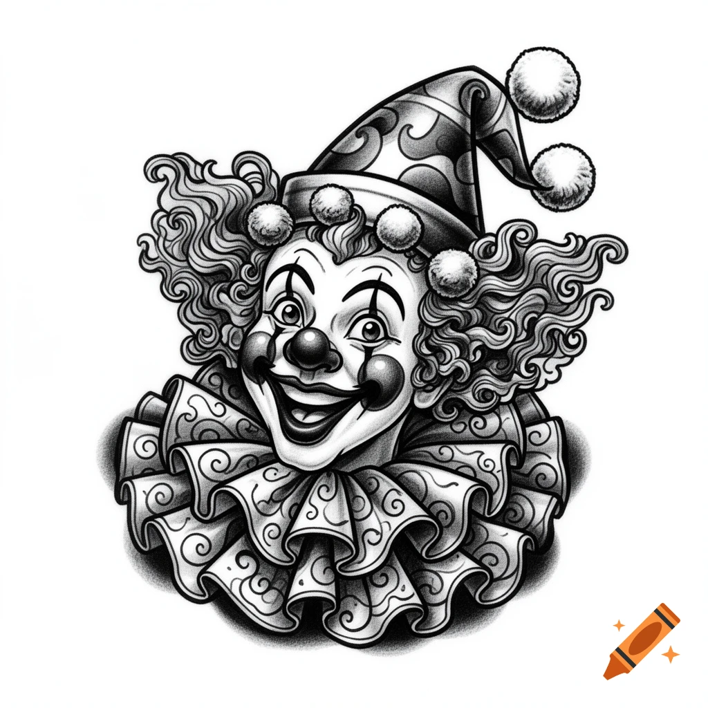 A grayscale tattoo stencil of a whimsical clown's head, featuring a ruffled collar and a patterned pointy hat with pom-poms.