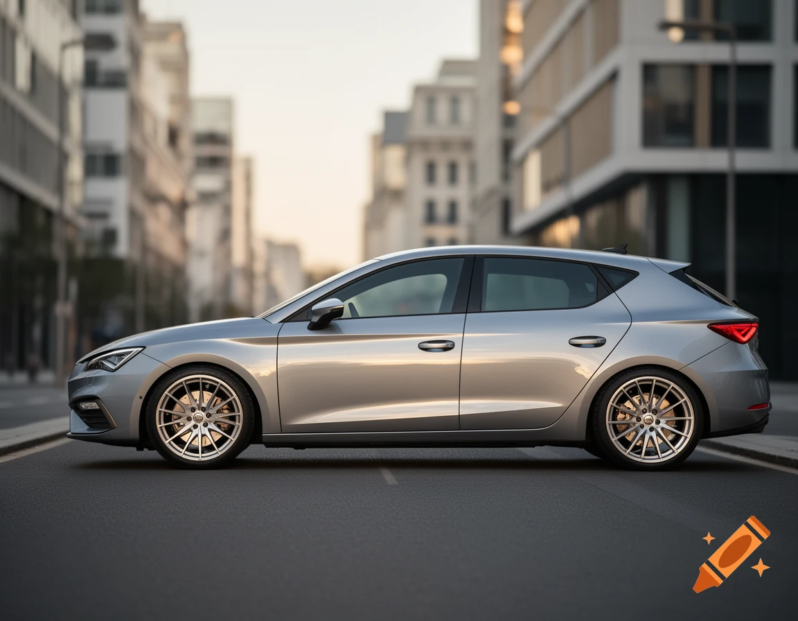 A sleek silver car, viewed from the side, parked on a street with blurred modern buildings in the background.