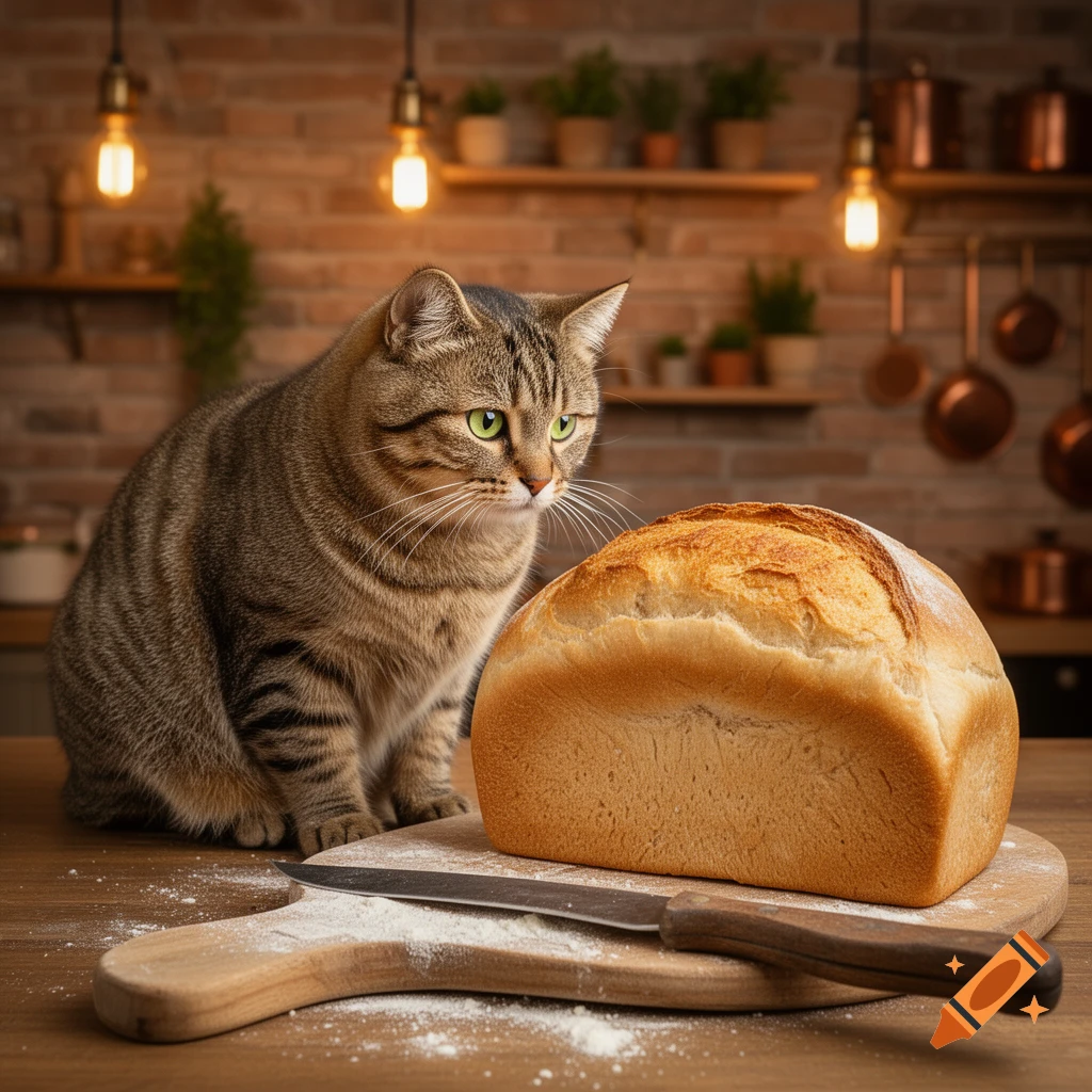 A tabby cat on a wooden counter gazes at a loaf of bread in a rustic ...