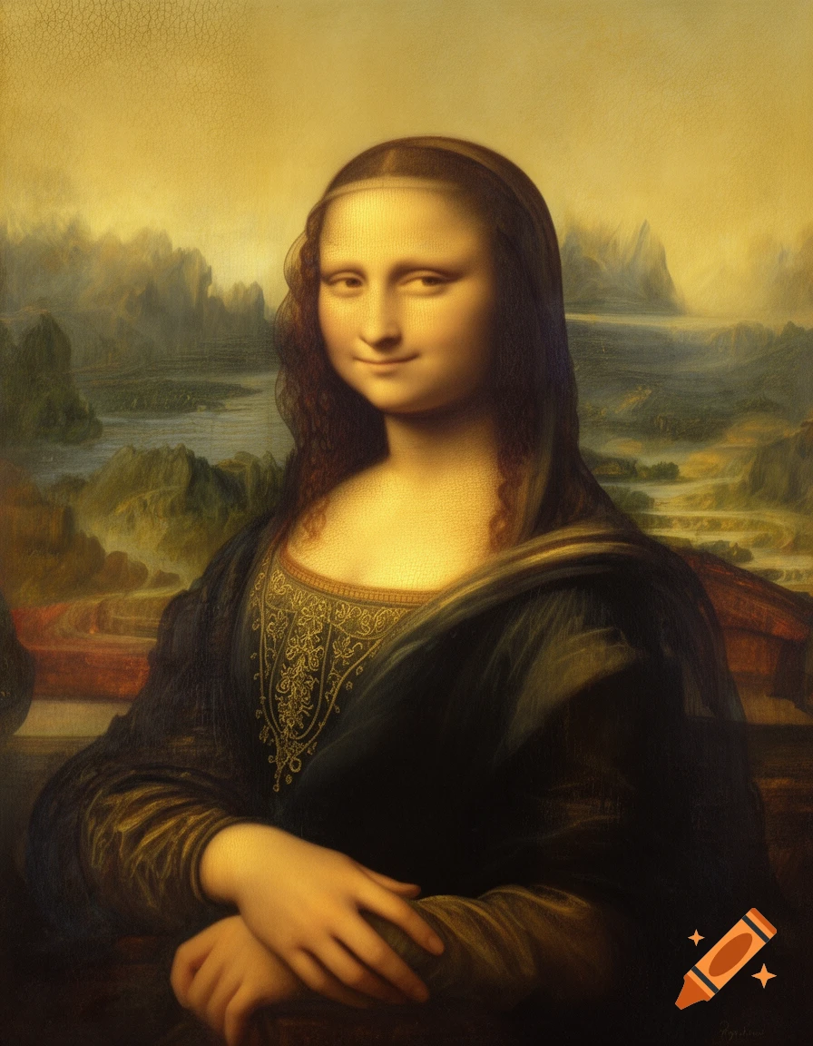 An oil painting of the Mona Lisa smiling faintly, with her hands clasped, against a hazy landscape background.