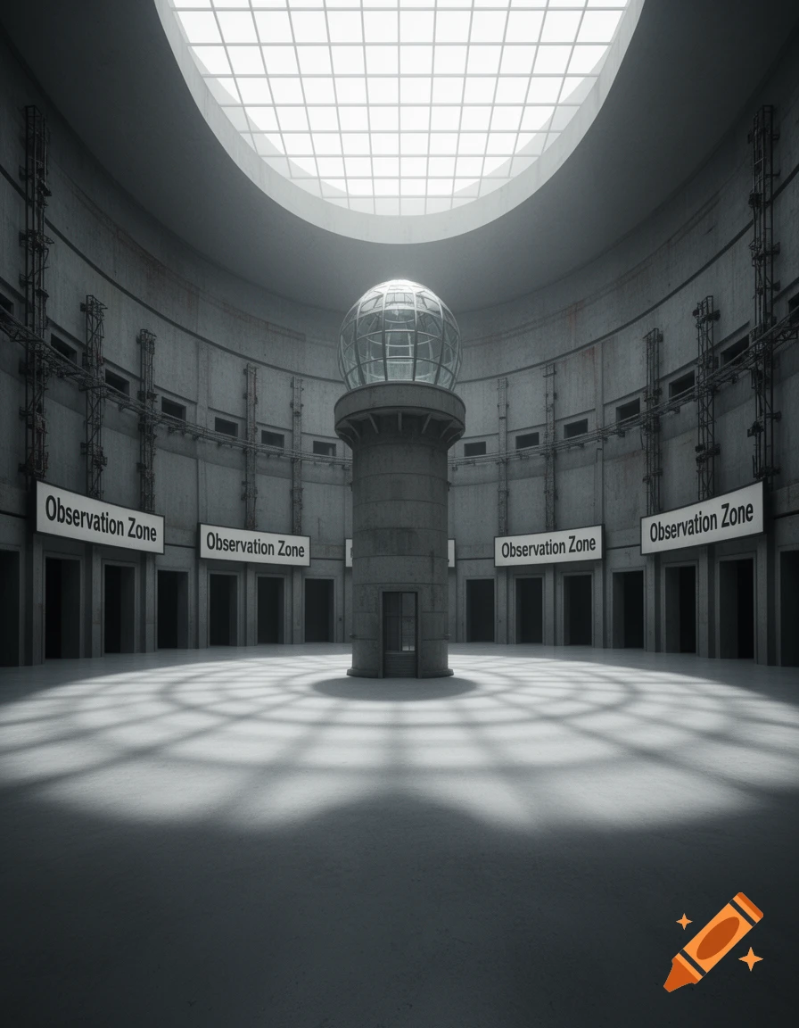 A vast, circular concrete room with a central observation tower, an overhead skylight, and signs reading 'Observation Zone'.