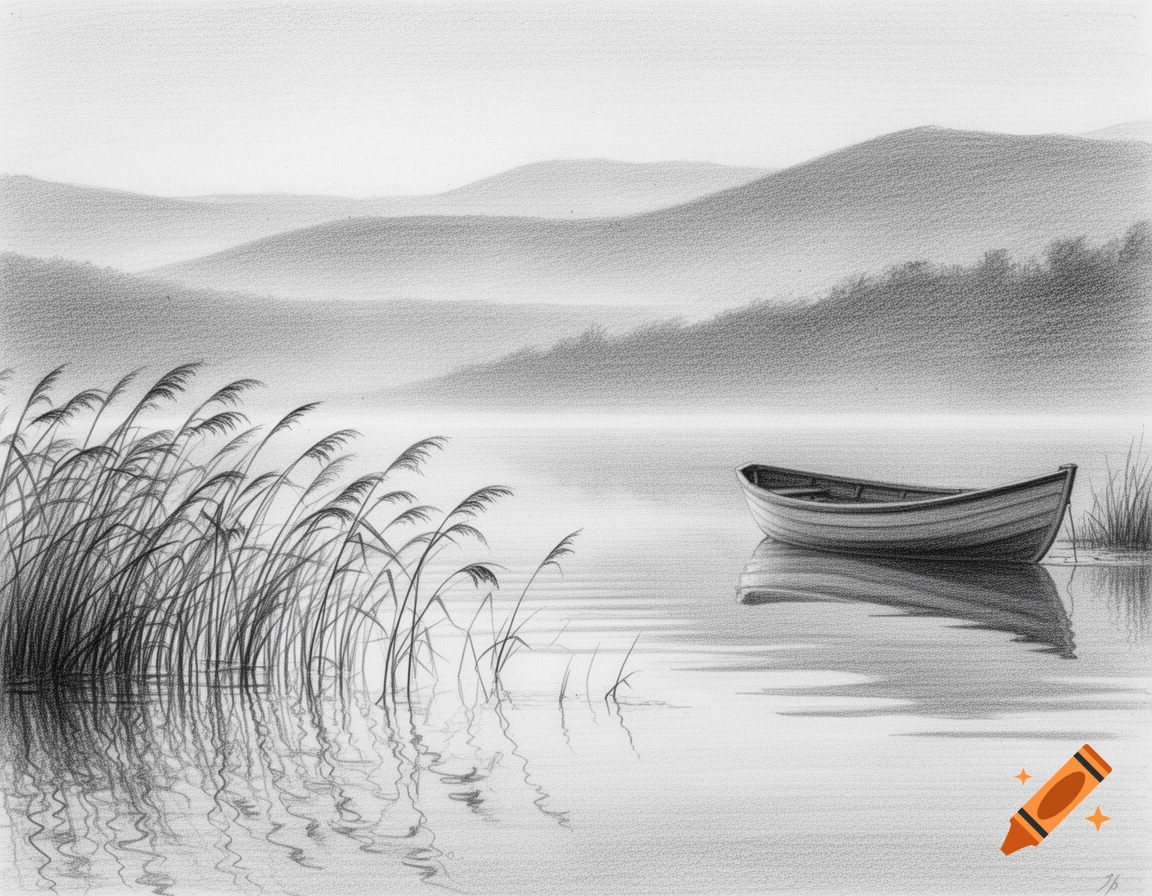 Pencil drawing of a serene lake with a small boat, reeds in the foreground, and misty hills in the background.