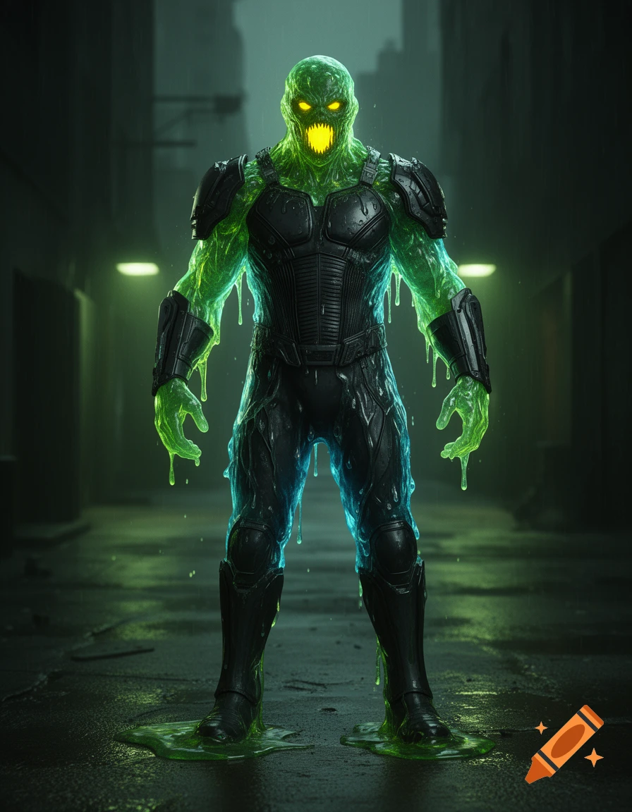A glowing green, gooey humanoid supervillain with bright yellow eyes and teeth, wearing dark armor, stands in a dark, rainy alley.