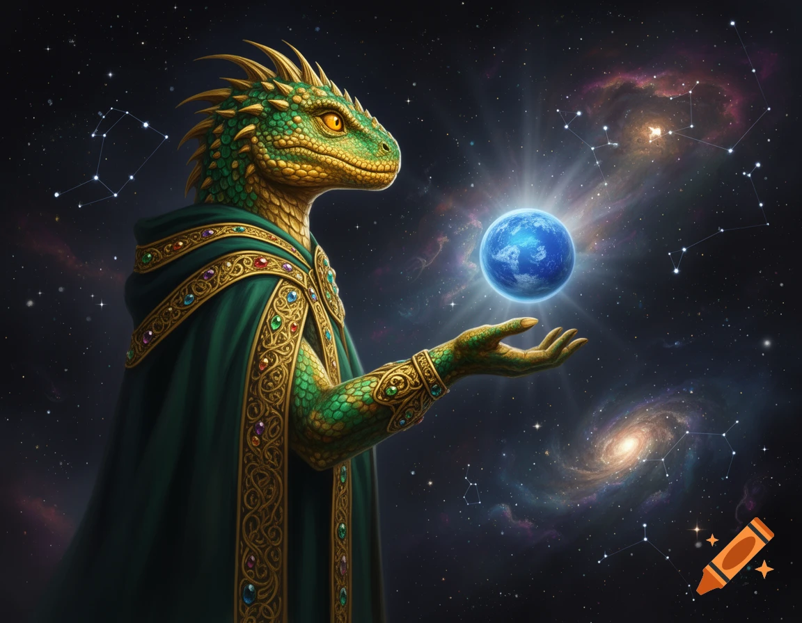 A majestic green and gold reptilian king in a jeweled cloak holds a glowing blue planet in a cosmic deep space background with stars and nebulas.
