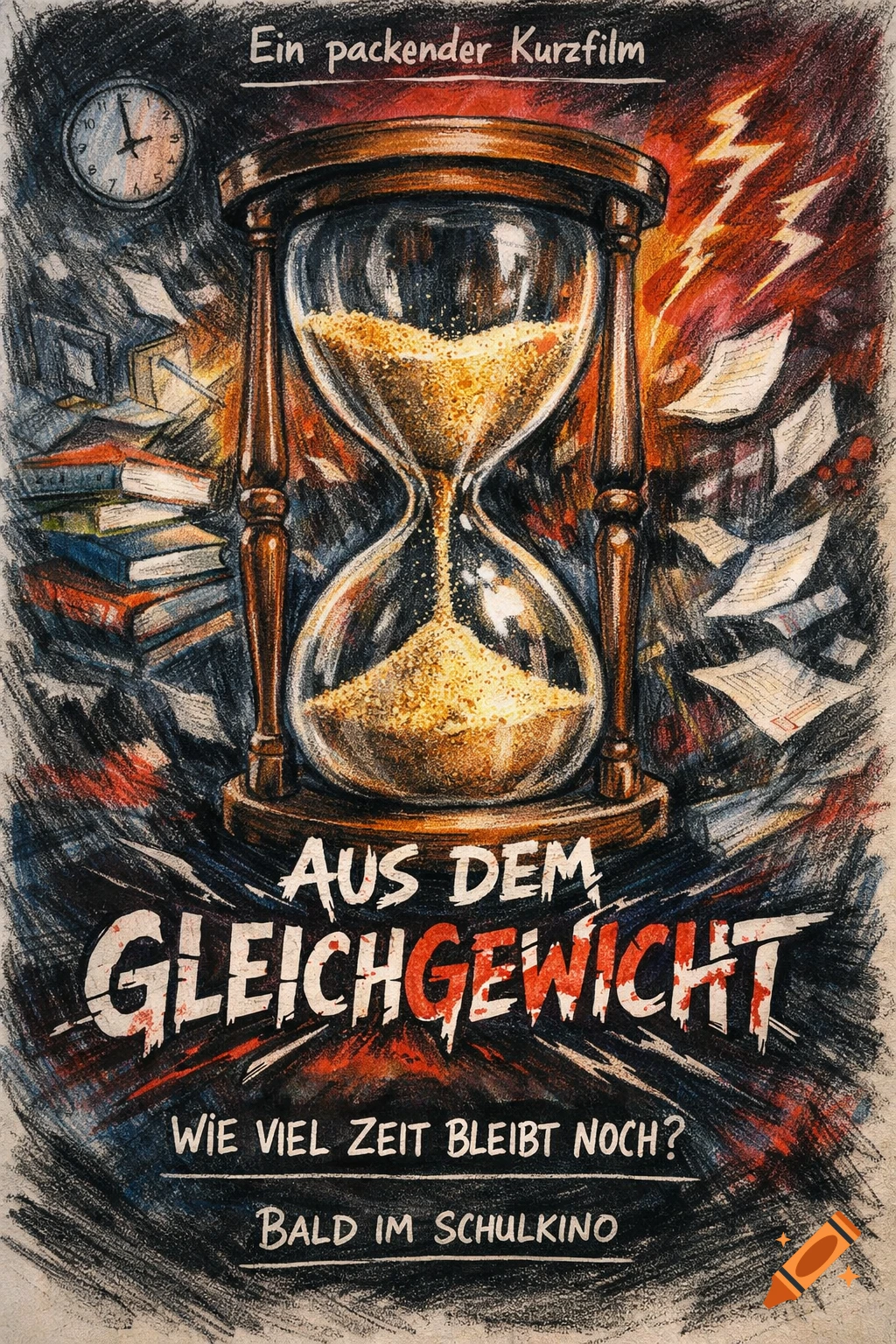 A hand-drawn movie poster in a colored pencil style, featuring a large hourglass, books, and flying papers, promoting a film about stress.