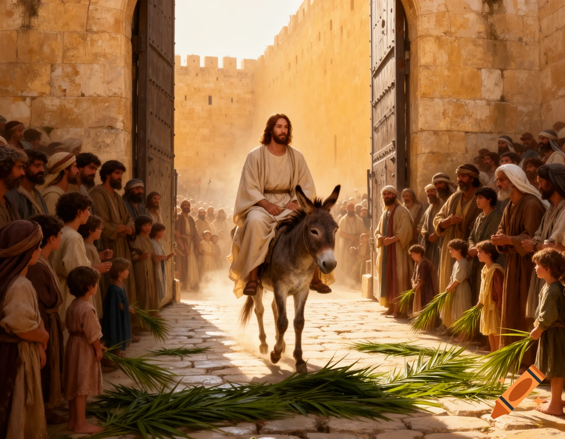 Jesus riding a donkey through an ancient city gate, with a crowd laying palm fronds on the path. Photorealistic style.