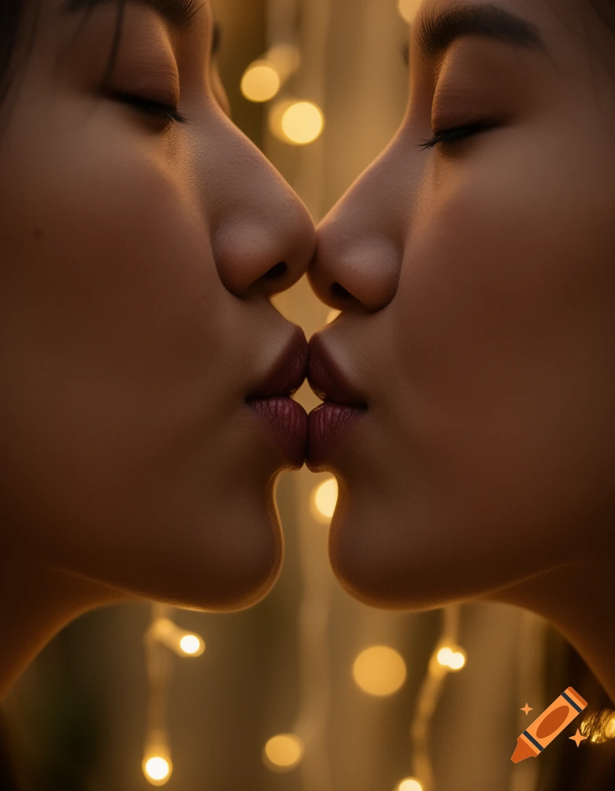 Close-up profile view of two people gently kissing, illuminated by warm bokeh lights.