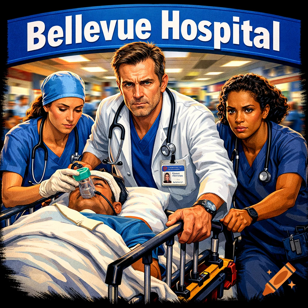Doctors and nurses rush a patient on a stretcher in a hospital ER, 'Bellevue Hospital' banner visible, in a comic art style.