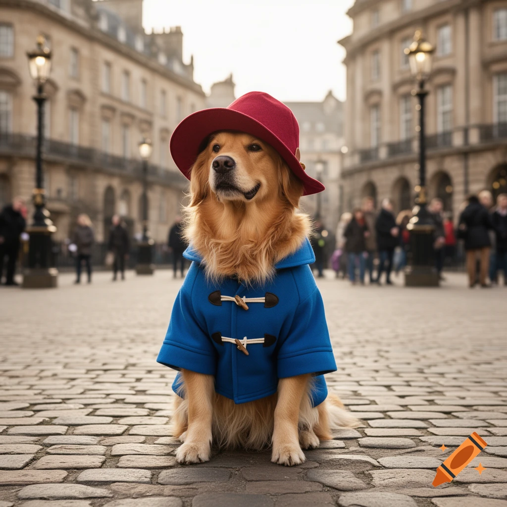A golden retriever in a blue duffle coat and red hat sits on a cobblestone street in a city square.