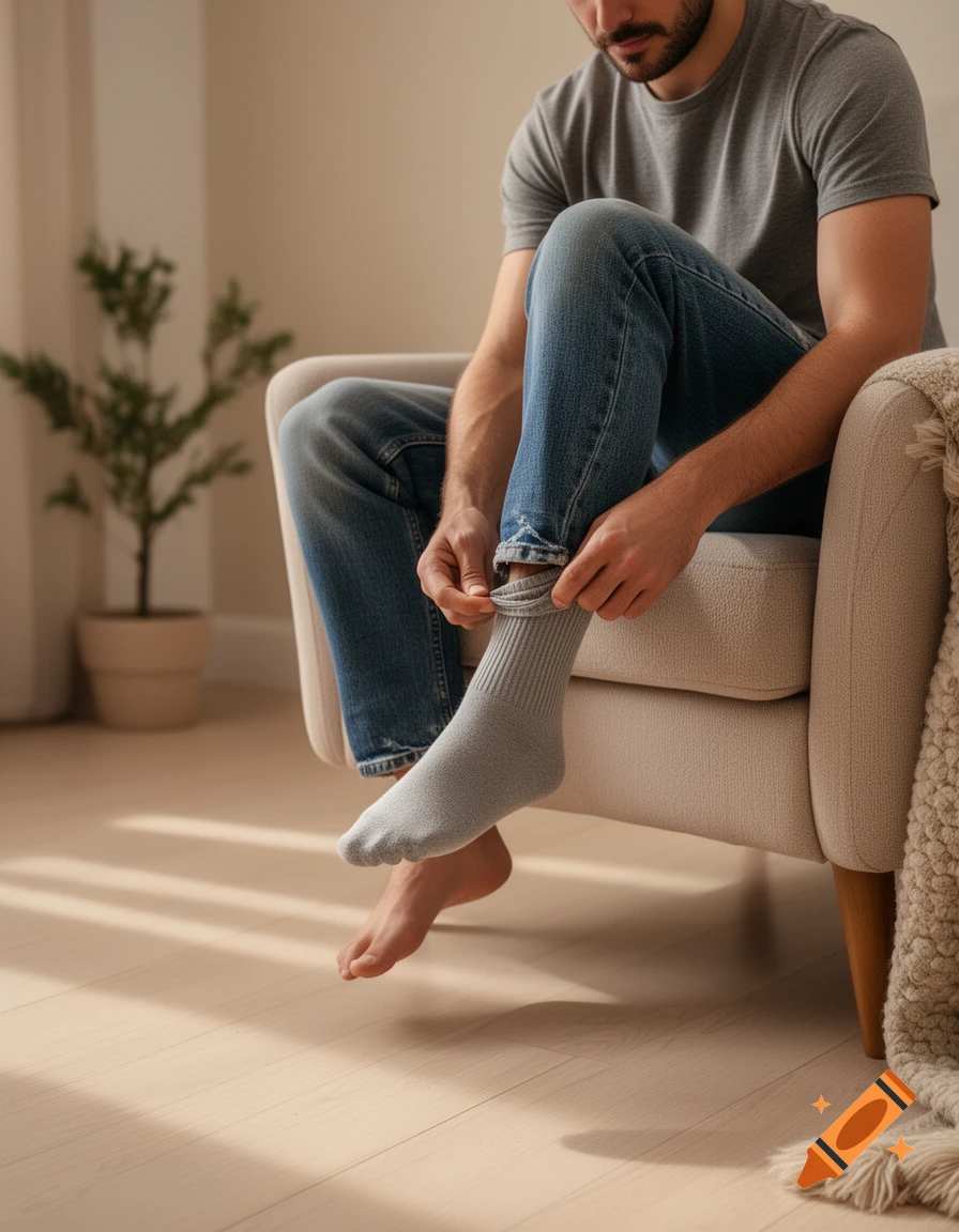 A man sits on an armchair, pulling a grey sock onto one foot while the other bare foot rests on the light wooden floor.