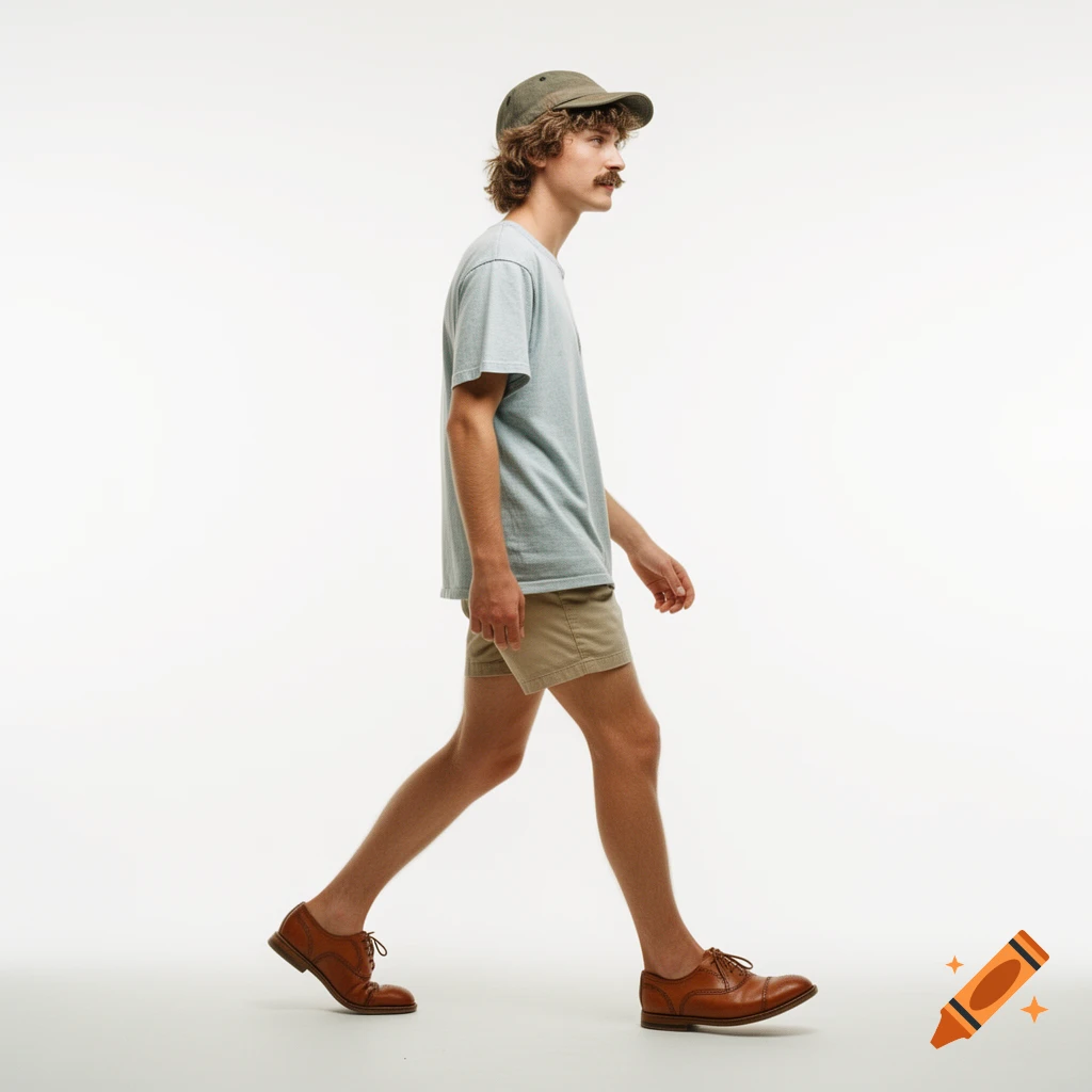A man with a mustache and curly hair walks across a white background, wearing a light blue t-shirt, khaki shorts, brown shoes, and a green cap.