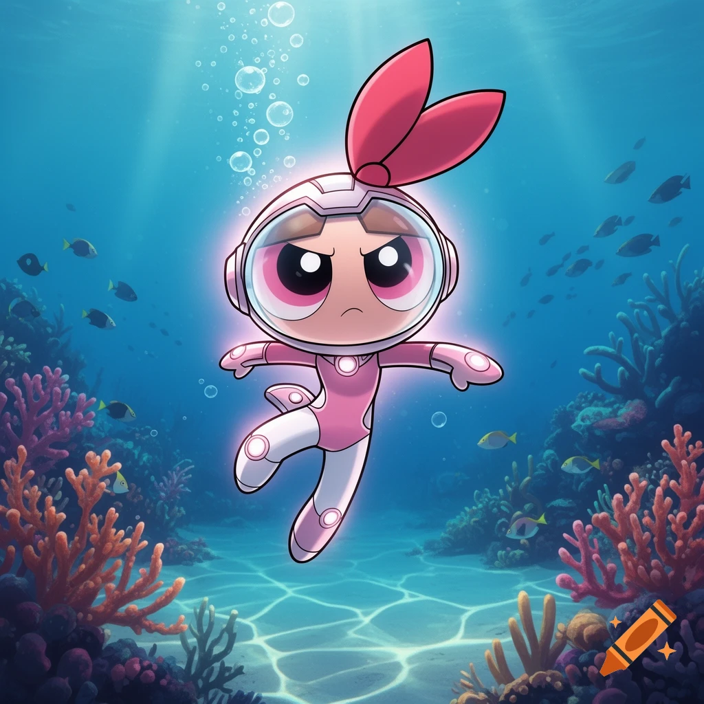 Powerpuff Girls Blossom in a pink and white diver suit, floating underwater with corals and fish. Cartoon style.