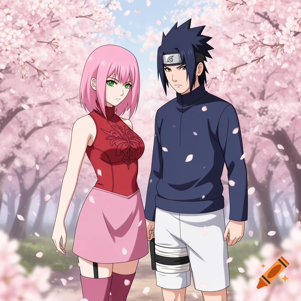 Anime characters Sakura and Sasuke stand on a path lined with pink cherry blossom trees and falling petals.