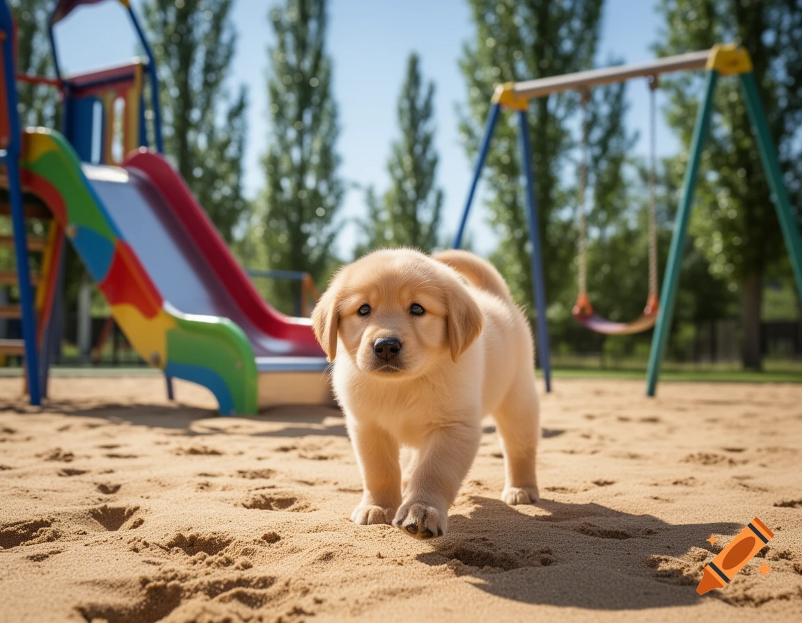 A fluffy golden retriever puppy stands on a sandy playground, looking forward with a colorful slide and swings in the background. Photorealistic.